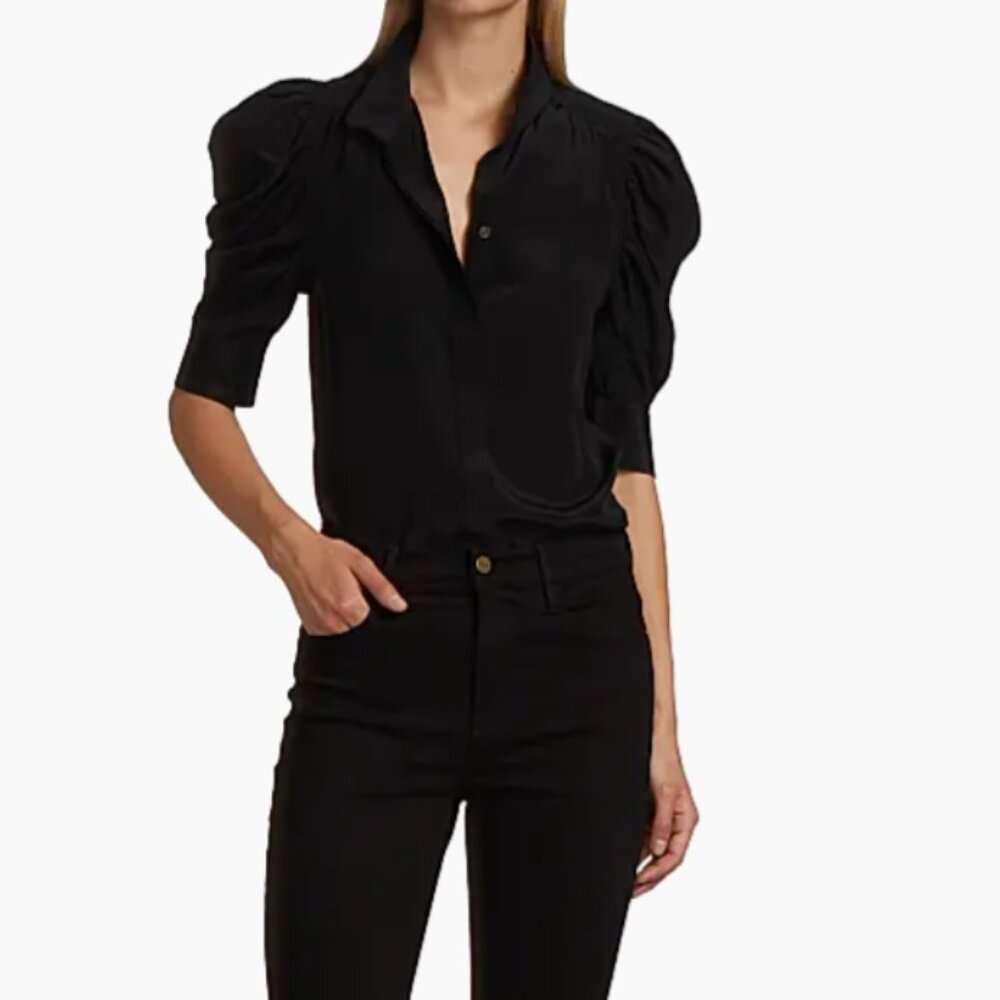 FRAME Gillian Blouse, Black Silk, Size L